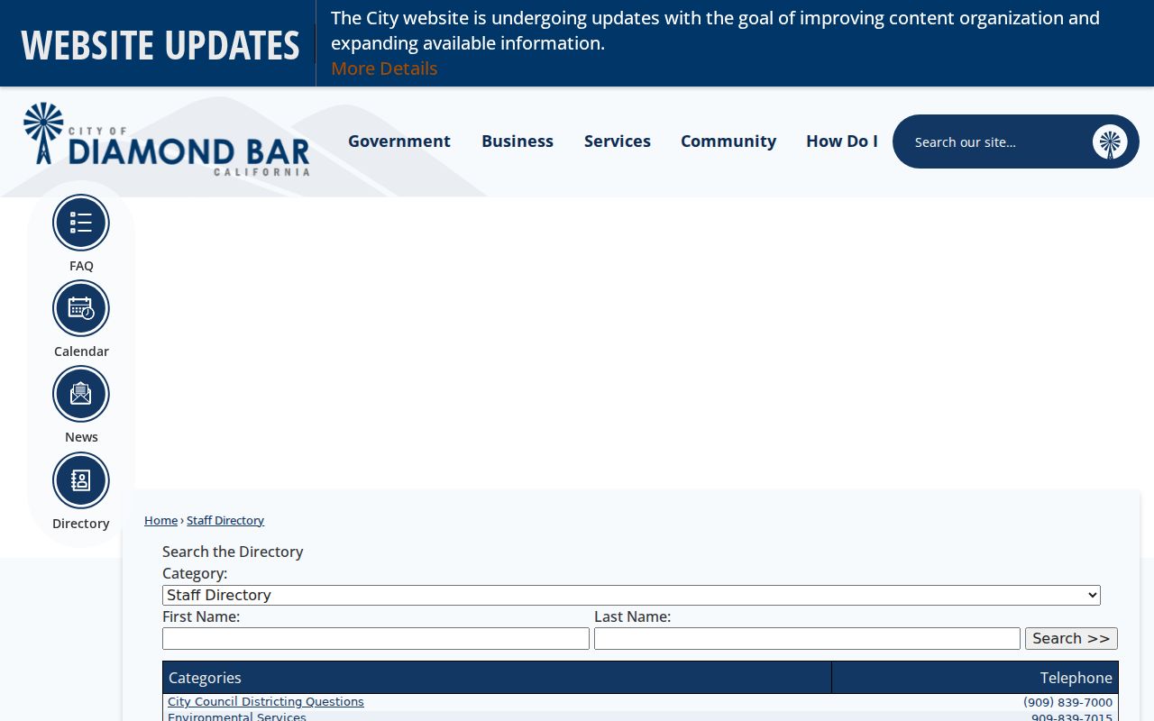 Diamond Bar people search through city staff and records directory