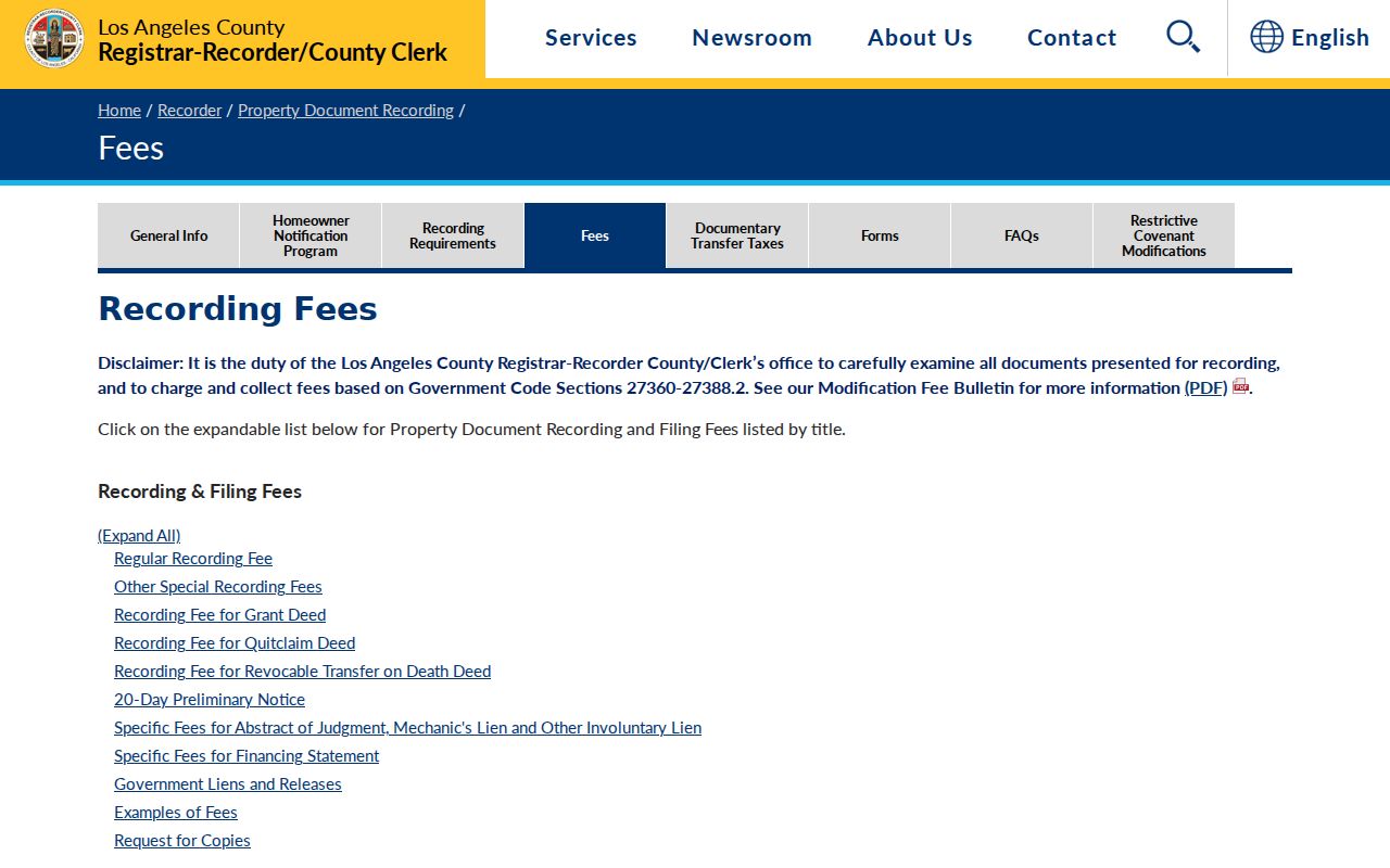 Diamond Bar public records LA County recorder fee schedule