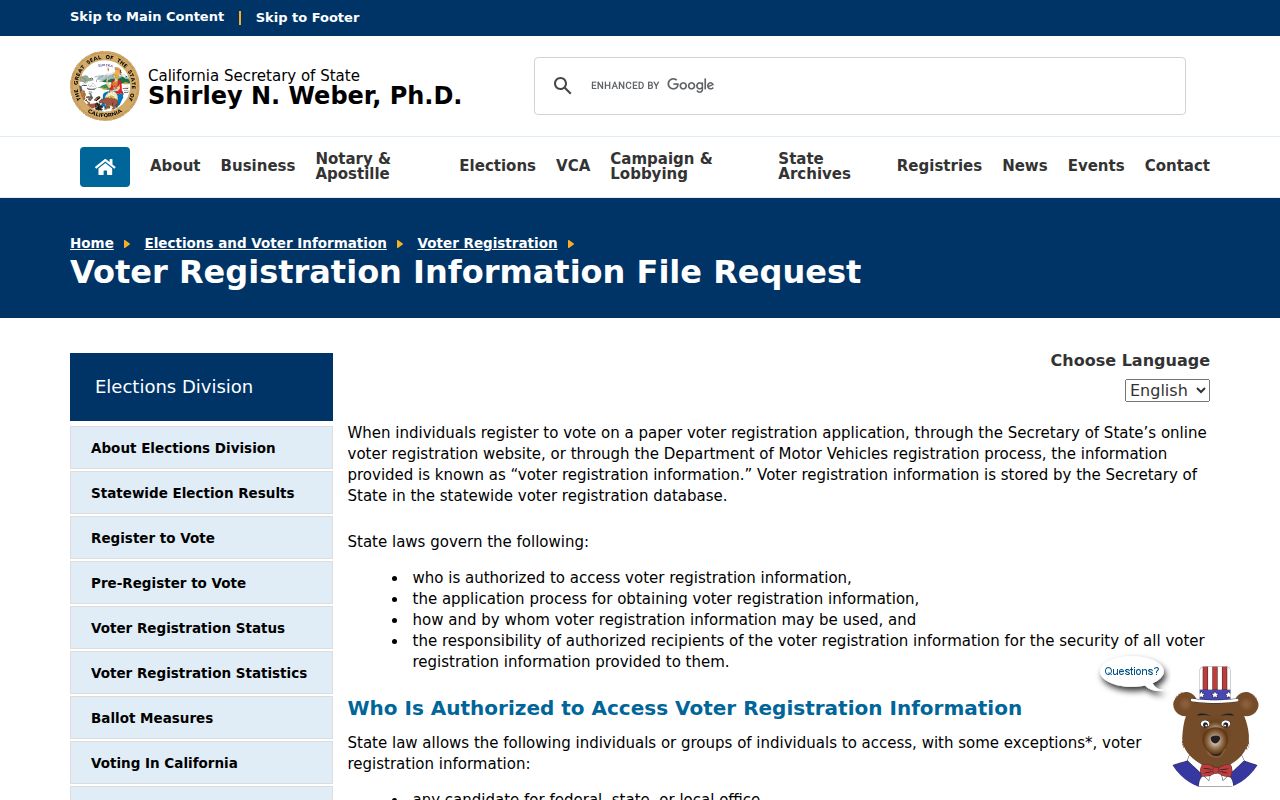 Diamond Bar voter registration records California voter file request rules
